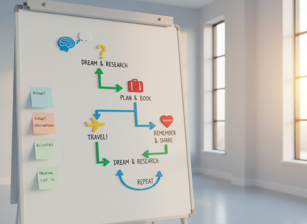A close-up of a simple, abstract flowchart on a matte whiteboard, featuring multicolored magnetic arrows and icons outlining the stages of travel decision-making. The whiteboard stands in a bright, airy room with pale blue walls, and a series of minimalistic sticky notes are attached along its side for additional options. Natural golden hour light fills the space, bringing warmth and enhancing the color saturation of each icon. The mood is optimistic and energized, with a focus on clear structure. Captured at a slight angle, the composition leads the eye along the flowchart’s path. The style is modern, uncomplicated, and visually engaging—embodying clarity and confident travel choices.