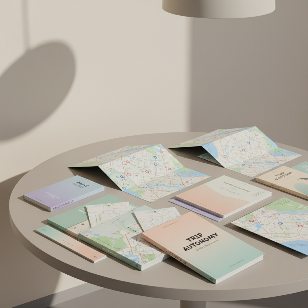 A collage of neatly arranged travel guidebooks, city maps, and minimalist brochures, each with distinct pastel-toned covers and clean typography, fanned out on a smooth matte-finished round table. The backdrop features a soft, gradient neutral wall, and a subtle shadow from an overhead pendant lamp creates depth. The lighting is gentle but direct, highlighting the tactile texture of the paper and the organized arrangement. The atmosphere is approachable and inviting, suggesting abundance without overwhelm. The composition uses rule of thirds, leading the viewer’s focus from foreground to background. The artistic style is clean, modern, and lightly colorful, reinforcing Trip Autonomy’s mission to simplify travel decisions.